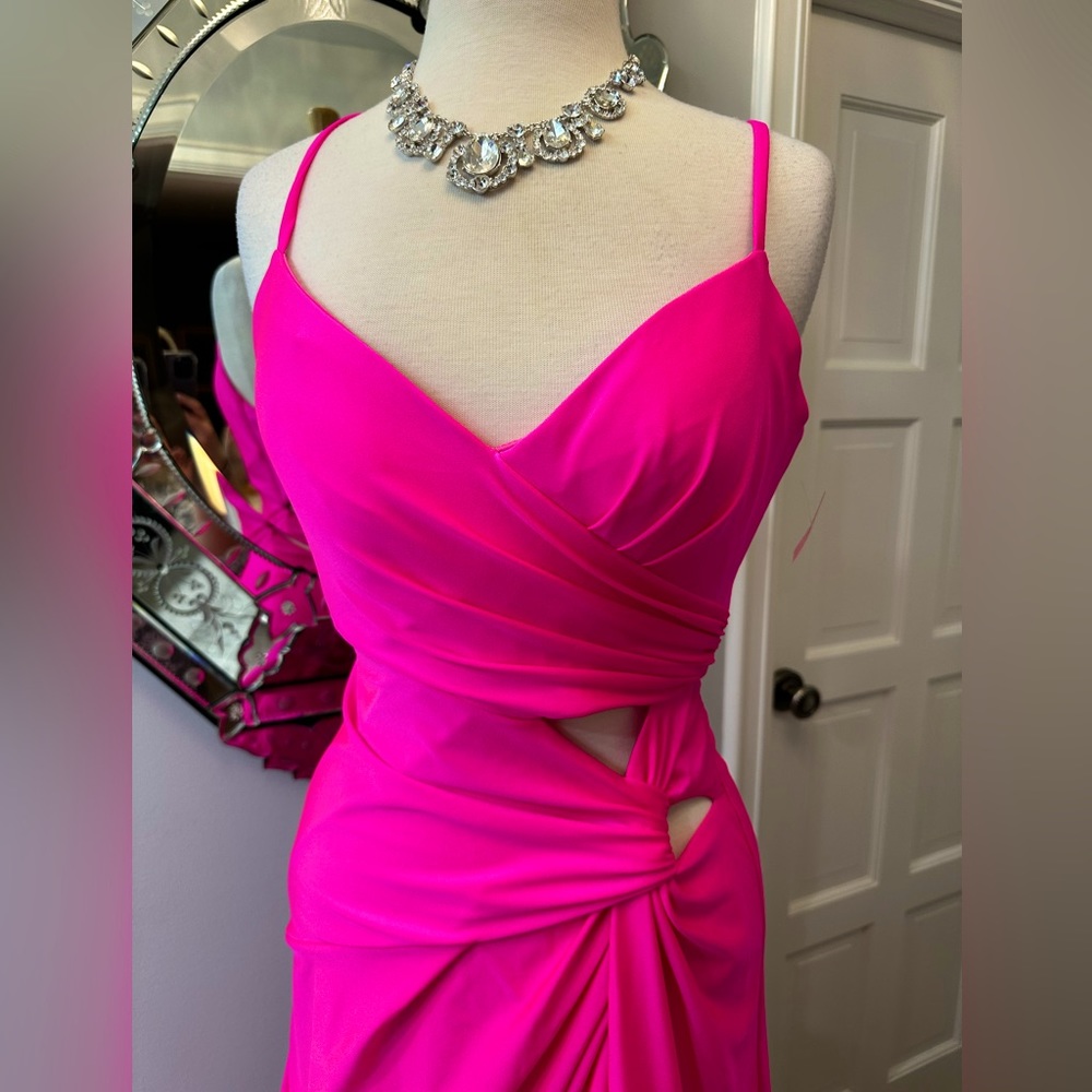 New La Femme Hot Pink Cut Out Cocktail Prom Gala Wedding Party Hi Slit Gown - Picture 10 of 17